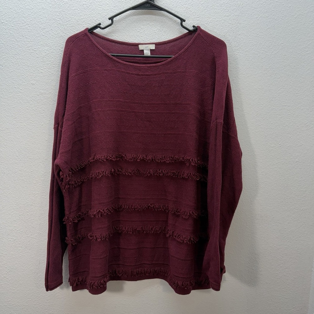 J.Jill Western Wool Blend Maroon Red Fringe Pullover Sweater Women's Size M Boho